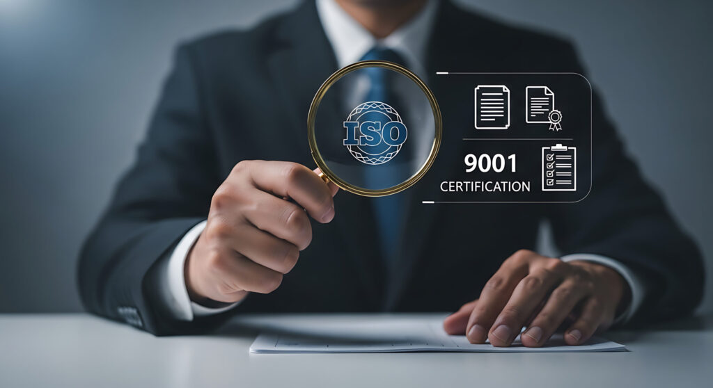 Businessman inspecting iso 9001 certification document with magnifying glass for quality management system, standards compliance, and process control.